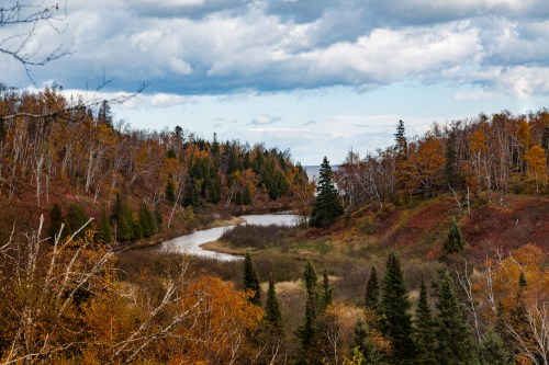 A serene river winds through a forest of autumn-colored trees under a cloudy sky.