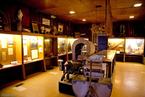 Interior of a museum featuring display cases with artifacts, photographs, and historical items in a warmly lit setting.