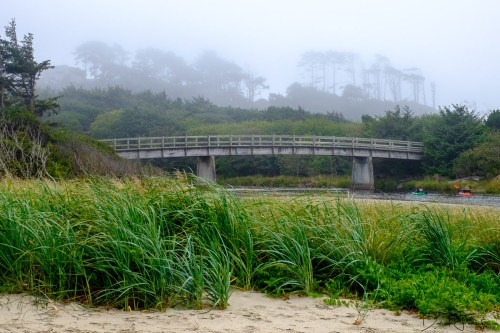 A foggy landscape featuring a wooden bridge over a river, surrounded by lush greenery and distant trees.