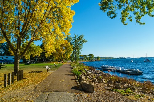 A scenic waterfront path lined with trees and benches, featuring autumn foliage and boats on a calm blue lake.