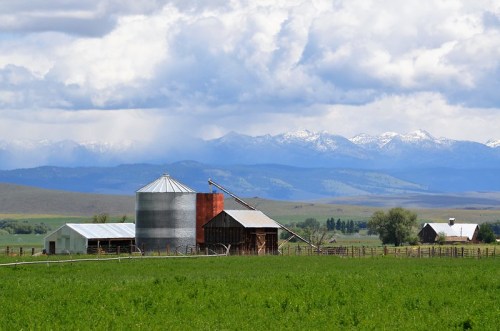 A rustic farm scene with a silos, barn, and mountains in the background under a cloudy sky. Green fields in the foreground.