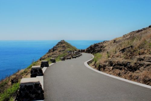 A winding road along a coastal cliff, overlooking a clear blue ocean under a bright sky.