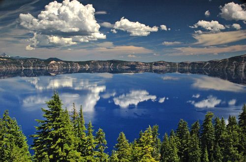A serene lake surrounded by lush trees, reflecting fluffy clouds and blue sky in its calm waters.