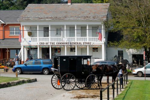 A horse-drawn carriage in front of a general store with American flags and a parked blue SUV nearby.