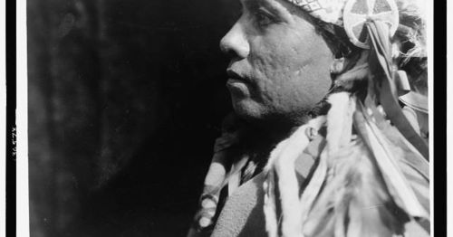 A profile portrait of a Native American woman wearing traditional attire and a decorative headband.