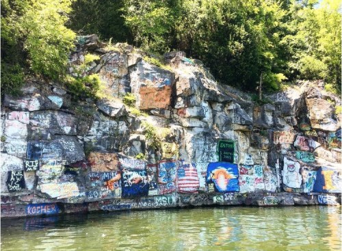 A rocky cliff covered in colorful graffiti, with trees above and water below.
