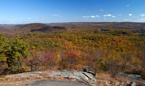 A panoramic view of a colorful autumn landscape with rolling hills and a clear blue sky.