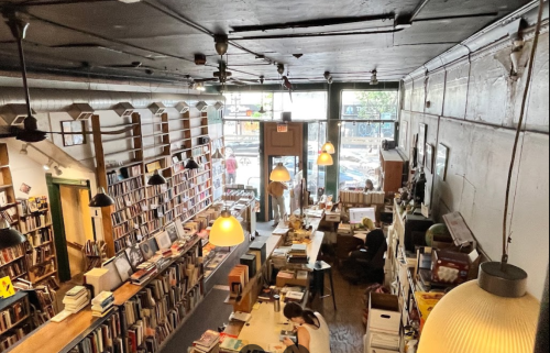 A cozy bookstore with shelves of books, warm lighting, and people browsing in a bright, inviting space.