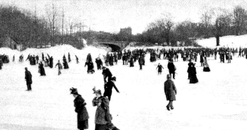 A historic black-and-white photo of people ice skating on a frozen lake, surrounded by trees and a bridge in the background.