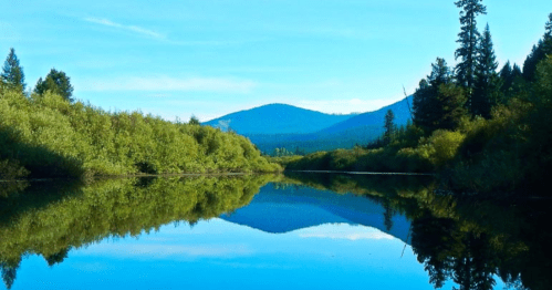 A serene river reflects lush greenery and mountains under a clear blue sky.