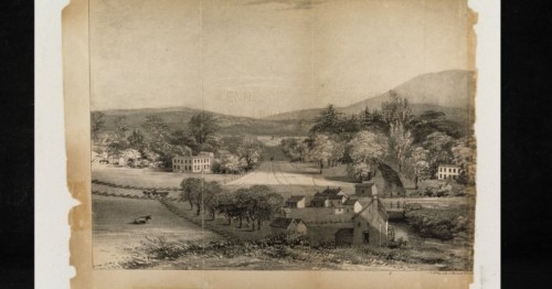 A vintage landscape illustration featuring rolling hills, trees, and a small village with houses and fields.