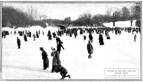 A historic black-and-white photo of a large crowd ice skating on a frozen lake, with trees and a bridge in the background.