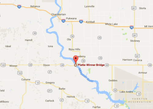 Map showing the Platte-Winner Bridge location along the river, near towns like Chamberlain and Kimball in South Dakota.