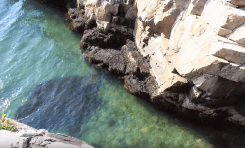 A rocky shoreline with clear blue-green water gently lapping against the stones.