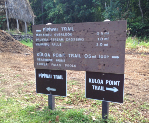 Wooden trail sign with directions to Pipiwai Trail, Kuloa Point Trail, and various landmarks in a forested area.