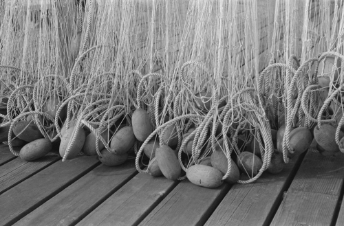 Close-up of fishing nets with wooden floats, hanging on a wooden surface, in black and white.