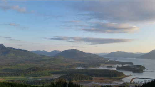 A scenic view of mountains and a calm bay under a clear sky, with lush greenery in the foreground.