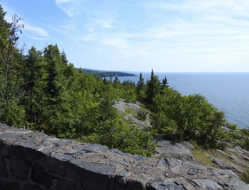 A scenic view of a rocky shoreline with lush green trees and a calm blue sea under a clear sky.