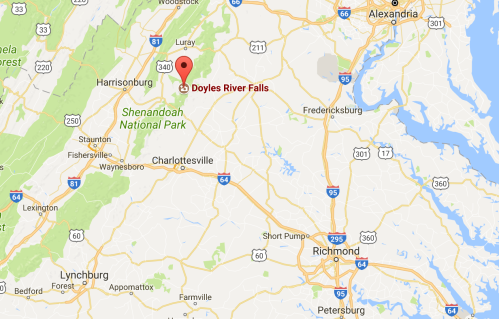 Map showing the location of Doyles River Falls in Virginia, near Shenandoah National Park and surrounding towns.