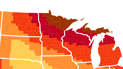 Map of the Midwest U.S. showing varying shades of red and orange, indicating temperature or climate zones.