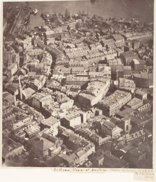 Aerial view of Boston from a balloon, showcasing buildings and streets, taken on October 13, 1850.