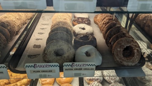 A display case filled with various donuts, including plain and Dutch crullers, with labels underneath.
