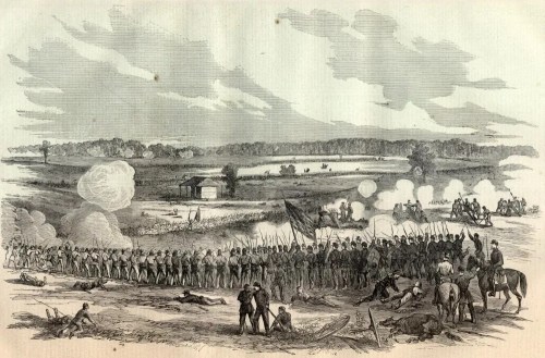 An illustration of a Civil War battle scene with soldiers, smoke, and a distant farmhouse.