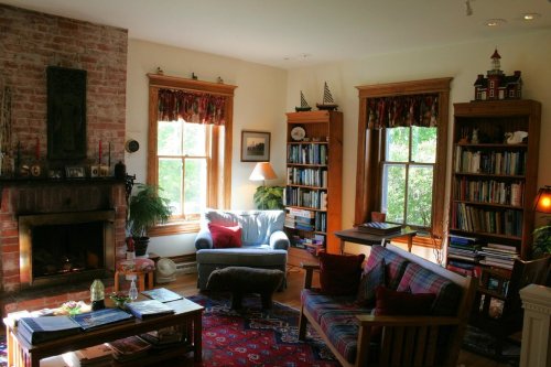 Cozy living room with a fireplace, bookshelves, and comfortable seating, featuring warm lighting and decorative plants.