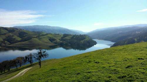 A serene landscape featuring a calm lake surrounded by rolling green hills under a clear blue sky.