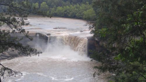 A waterfall cascading over rocky ledges into a river, surrounded by lush green trees and a cloudy sky.