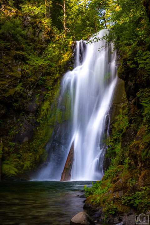 A serene waterfall cascades down rocky cliffs, surrounded by lush greenery and a tranquil pool below.