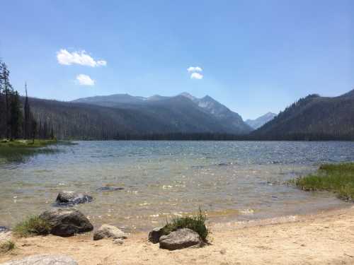 A serene lake surrounded by mountains under a clear blue sky, with rocks and sandy shore in the foreground.