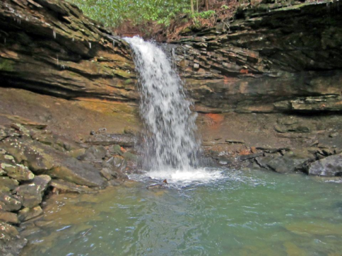 A serene waterfall cascading over rocky cliffs into a clear pool below, surrounded by lush greenery.