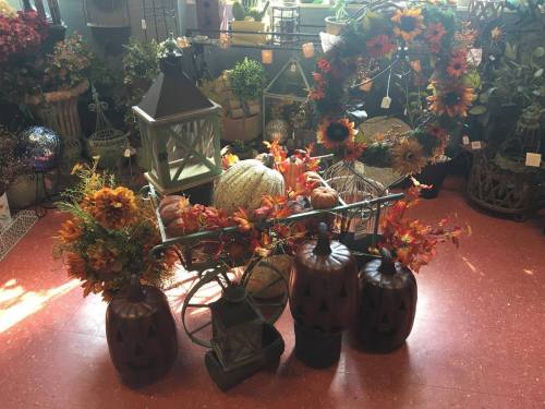 A decorative display featuring a bicycle with autumn flowers, pumpkins, and a lantern, set in a vibrant store environment.