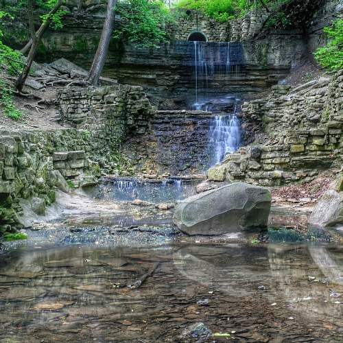 A serene waterfall cascades over rocky terrain, surrounded by lush greenery in a tranquil forest setting.