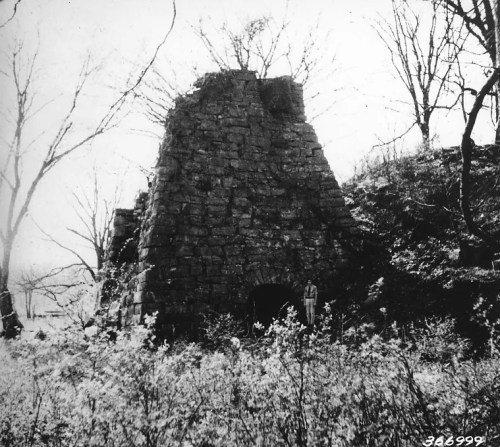 Black and white image of a crumbling stone structure surrounded by overgrown grass and bare trees.