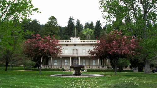 A large, elegant white mansion surrounded by green trees and blooming pink flowers, with a fountain in the foreground.