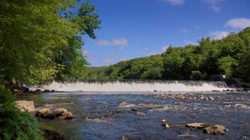 A serene river scene featuring a waterfall, surrounded by lush green trees and a clear blue sky.