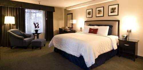 A cozy hotel room featuring a large bed, armchair, desk, and window with curtains, decorated with framed artwork.