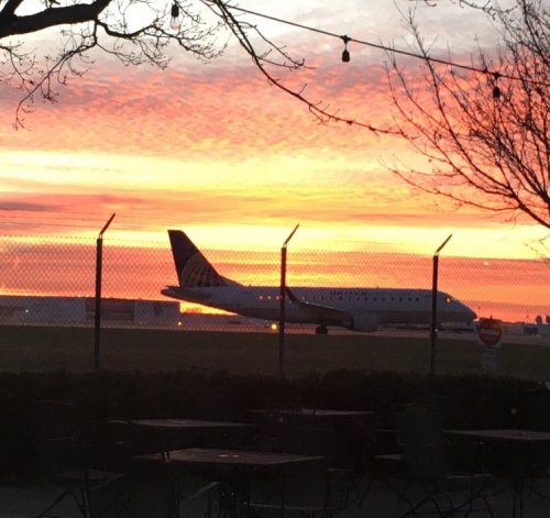 An airplane silhouetted against a vibrant sunset, with trees and a fence in the foreground.
