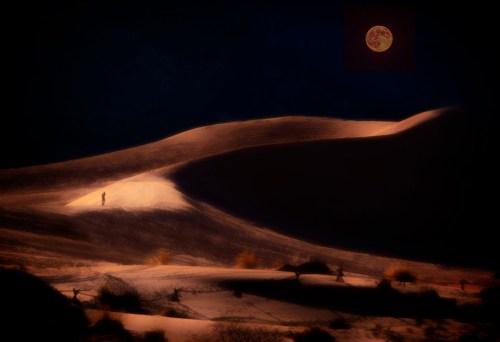 A lone figure stands on a sand dune under a glowing full moon in a dark, serene landscape.