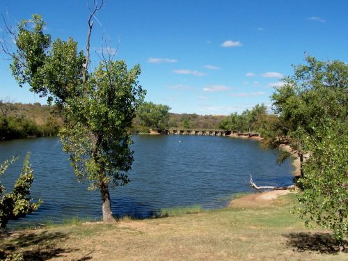 A serene pond surrounded by trees under a clear blue sky, with a wooden bridge in the background.
