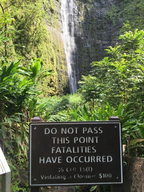A warning sign in front of a lush waterfall, stating "Do Not Pass. Fatalities Have Occurred." Surrounded by greenery.