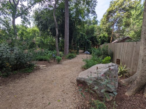 A serene garden path surrounded by lush greenery, trees, and a large rock, leading to a wooden fence.