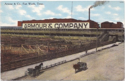 Historic postcard of Armour & Company in Fort Worth, Texas, featuring a large building and horse-drawn carriages.