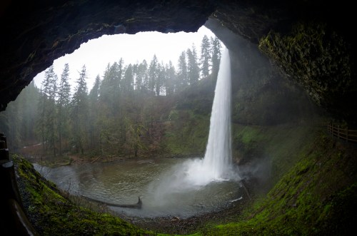 A waterfall cascades into a serene pool, framed by lush greenery and trees, viewed from a cave opening.