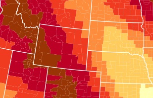 A color-coded map showing varying temperature zones across the western and central United States.