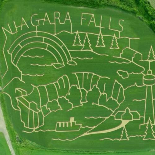 Aerial view of a green field artfully depicting Niagara Falls, with a rainbow, trees, and landmarks.