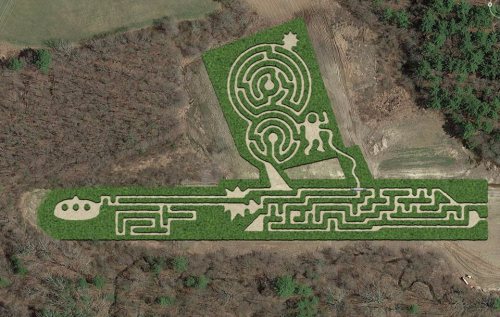 Aerial view of a large, intricate maze shaped like a guitar, surrounded by fields and trees.