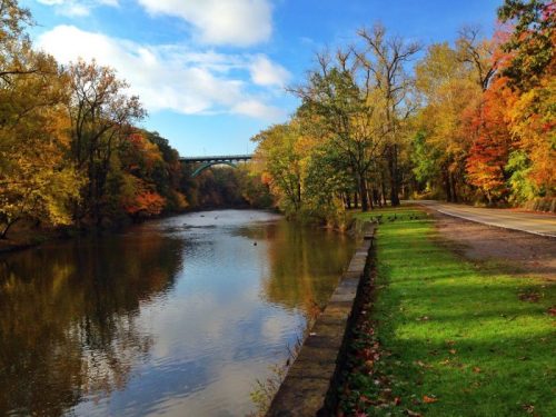 A serene river scene surrounded by colorful autumn trees, with a bridge in the background under a blue sky.
